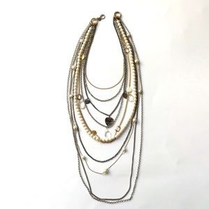 Multi layer long necklace with pearls and chains